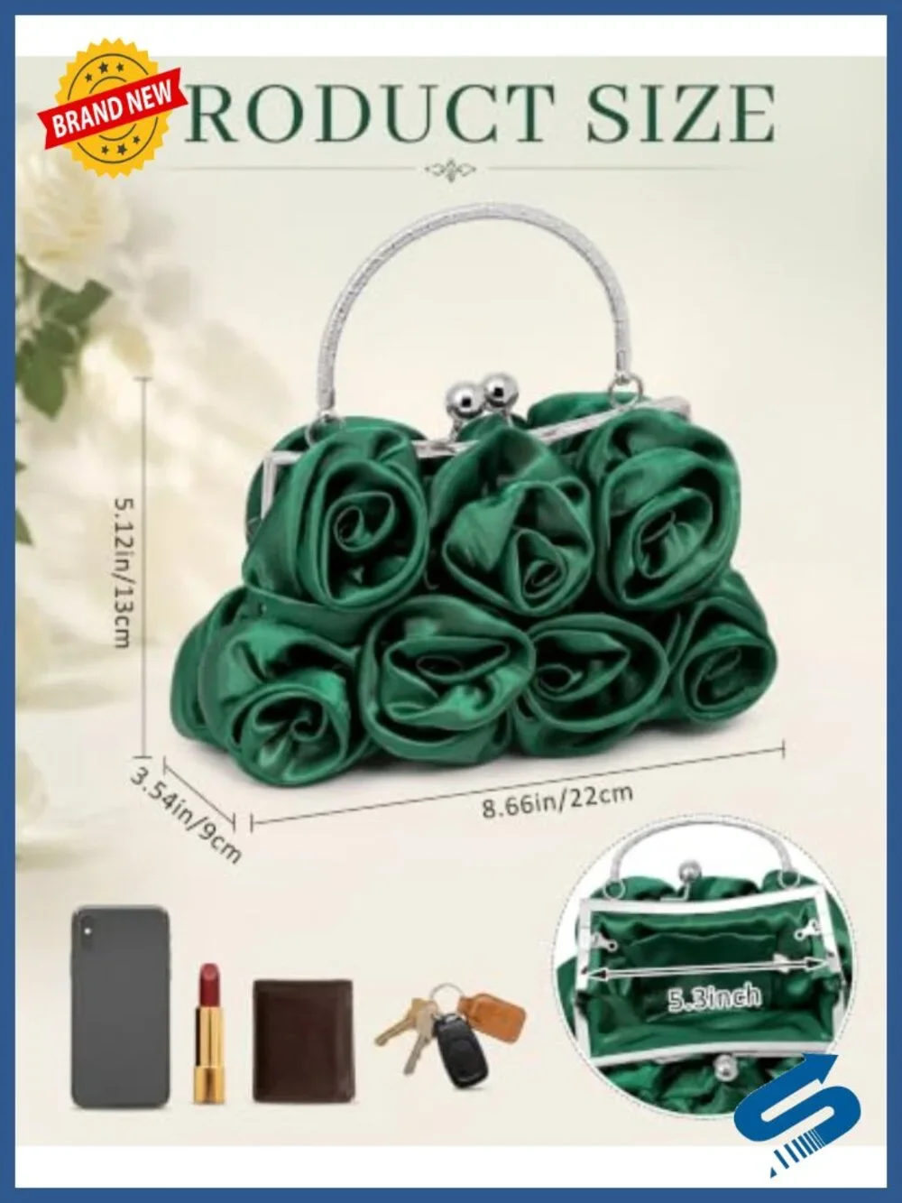 Satin Floral Evening Clutch Kiss Lock Wristlet Party Bag